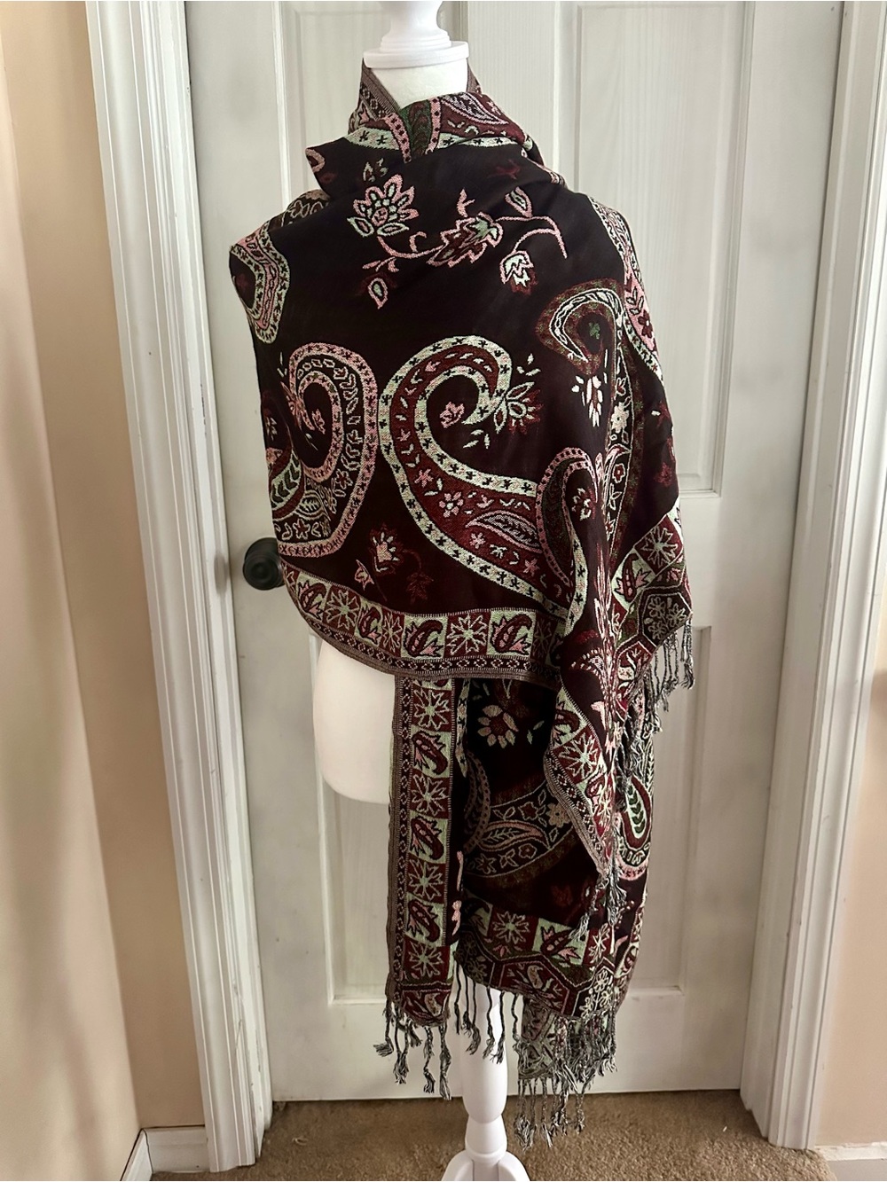 Mint Green/Brown/Maroon Reversible Pashmina Scarf